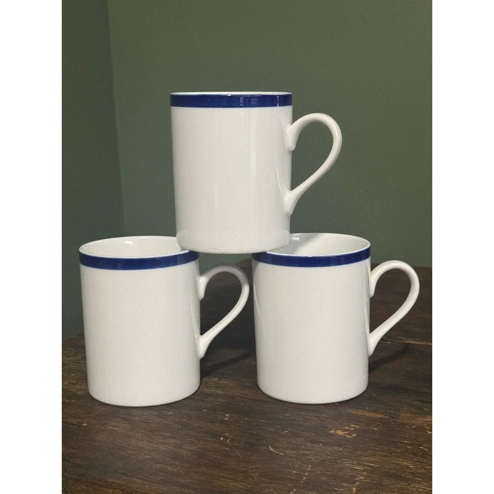 Three Williams- Sonoma Brasserie Coffee Mugs Japan 12 oz. White Blue Rim